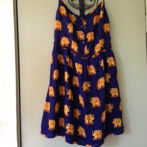 Elephant Pants XL Slip Dress/Tunic Gold Elephant Print Navy Blue Lined 5 buttons